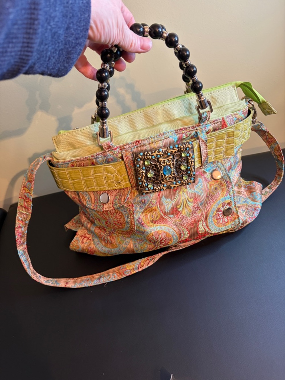 Baggy Jeans Shoulder Bag with Beaded Handle and Decorative Buckle